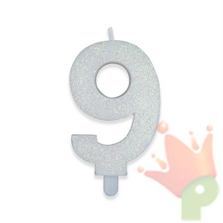 CANDELINA NUMERO 9 DI CERA SWEETY BIANCO GLITTER