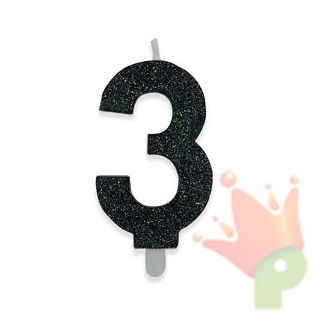 CANDELINA NUMERO 3 DI CERA SWEETY NERO GLITTER