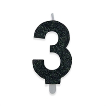 CANDELINA NUMERO 3 DI CERA SWEETY NERO GLITTER