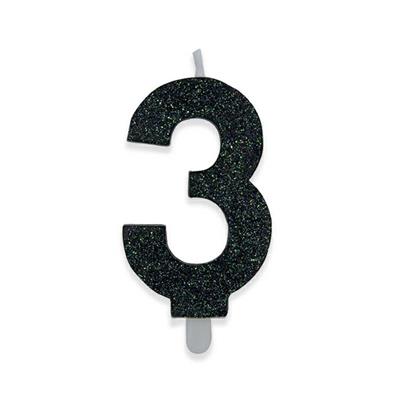 CANDELINA NUMERO 3 DI CERA SWEETY NERO GLITTER