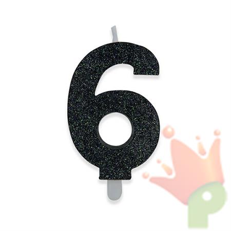 CANDELINA NUMERO 6 DI CERA SWEETY NERO GLITTER