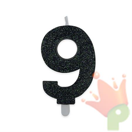 CANDELINA NUMERO 9 DI CERA SWEETY NERO GLITTER
