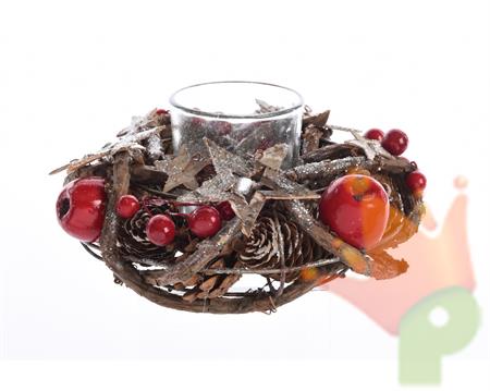 PORTACANDELE NATURALI CON BACCHE E PIGNE dia20x9cm