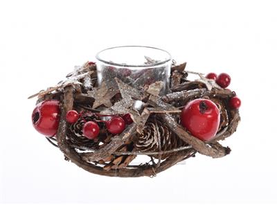 PORTACANDELE NATURALI CON BACCHE E PIGNE dia20x9cm
