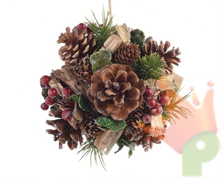 PALLA DECORATA CON PIGNE E LEGNETTI 14cm
