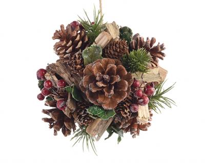 PALLA DECORATA CON PIGNE E LEGNETTI 14cm