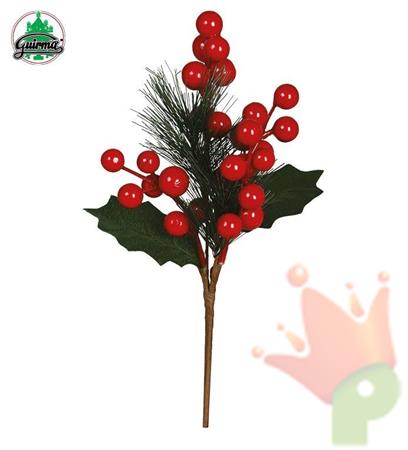 PICK CON BACCHE ROSSE E FOGLIE DI PINO 25CM