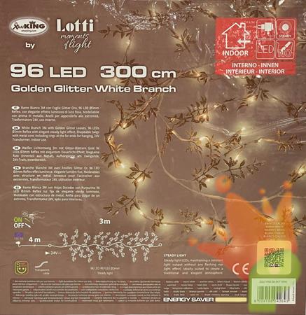 RAMO BIANCO 3M FOGLIE GLITTER ORO 96 LED CLASSIC 3MM LUCE FISSA