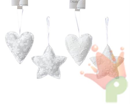 DECORAZIONE PENDENTE STOFFA ASS. CUORE/STELLA BIANCO/ARGENTO