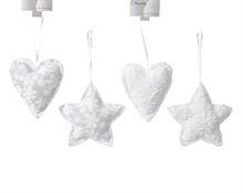 DECORAZIONE PENDENTE STOFFA ASS. CUORE/STELLA BIANCO/ARGENTO