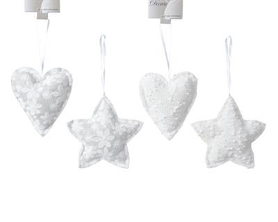 DECORAZIONE PENDENTE STOFFA ASS. CUORE/STELLA BIANCO/ARGENTO