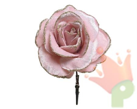 ROSA IN VELLUTO ROSA CIPRIA CON GLITTER 12X7CM