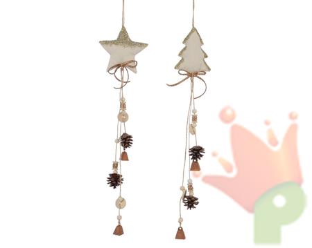 DECORAZIONE PENDENTE IN COTONE CON CAMPANELLE E PIGNE 2 ASS