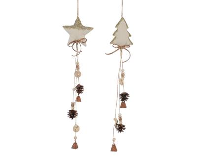 DECORAZIONE PENDENTE IN COTONE CON CAMPANELLE E PIGNE 2 ASS