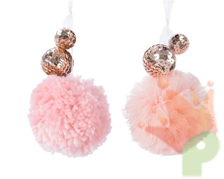 DECORAZIONE PENDENTE NATALIZO POMPOM CON SFERE ROSA CIPRIA 10CM