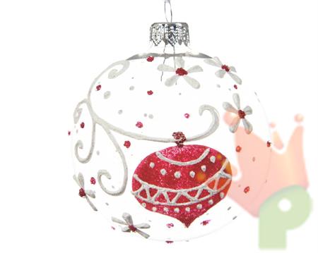 PALLINA DI NATALE TRASPARENTE CON DECORI ROSSI 8 CM
