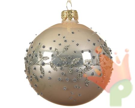 PALLINA DI NATALE AVORIO DECORI ARGENTO 8 CM