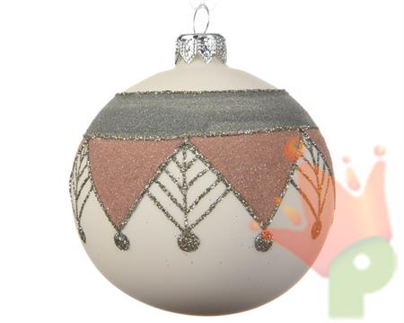 PALLINA DI NATALE BIANCA DECORI ROSA 8 CM