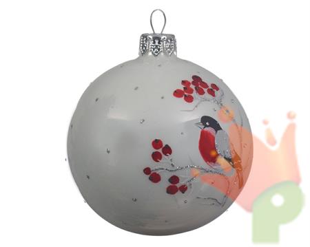 PALLINA DI NATALE BIANCA DECORO PETTIROSSO 8 CM
