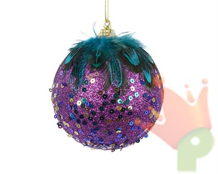 PALLINA DI NATALE VIOLA DECORATA CON PIUME 8 CM