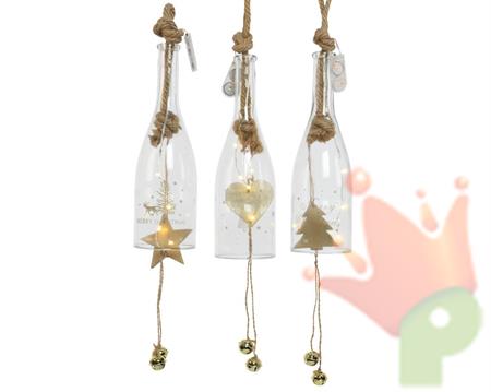 DECORAZIONE NATALIZIA BOTTIGLIA IN VETRO CON LED 3 FIGURE ASSORT