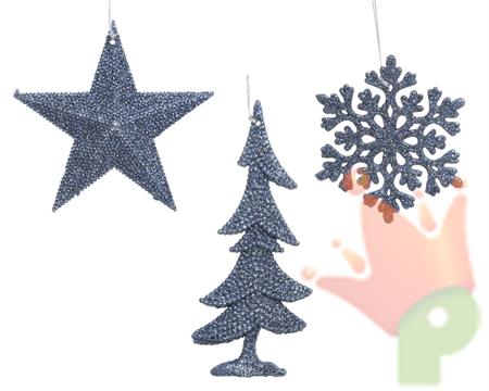 PENDENTE PER ALBERO DI NATALE BLU GLITTERATO FIGURE ASSORTITE