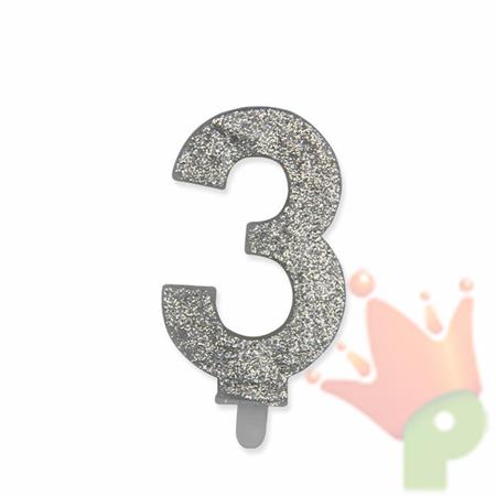 CANDELINA NUMERO 3 CERA SWEETY ARGENTO GLITTER