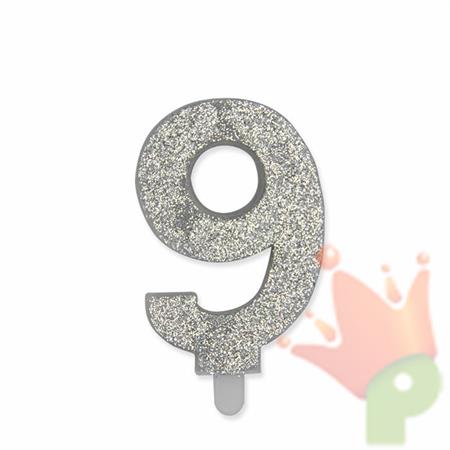 CANDELINA NUMERO 9 CERA SWEETY ARGENTO GLITTER