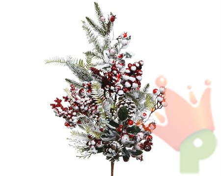 RAMETTO INNEVATO CON PIGNE E BACCHE ROSSE