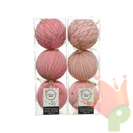 PALLINE DI NATALE ROSA CHIARO E SCURO DECORATE 8 CM 3 PZ