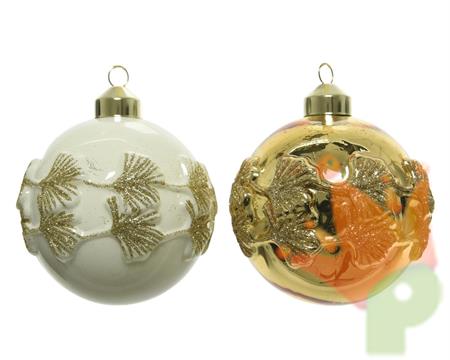 PALLINA DI NATALE BIANCA-ORO 2 ASSORTITE CON DECORO 8 CM