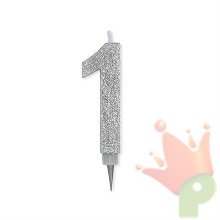 CANDELINA NUMERO 1 MAX DI CERA SWEETY ARGENTO GLITTER