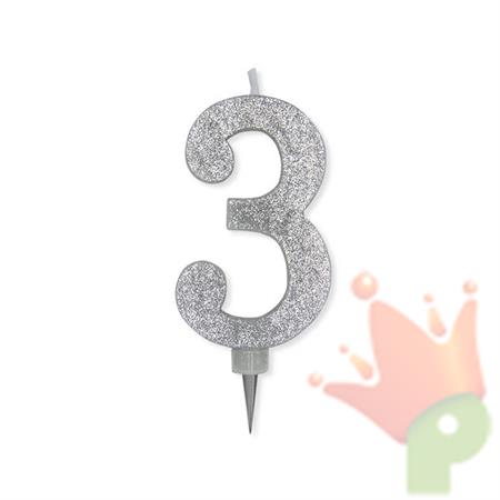 CANDELINA NUMERO 3 MAX DI CERA SWEETY ARGENTO GLITTER