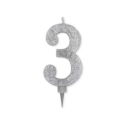 CANDELINA NUMERO 3 MAX DI CERA SWEETY ARGENTO GLITTER