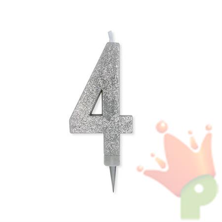 CANDELINA NUMERO 4 MAX DI CERA SWEETY ARGENTO GLITTER