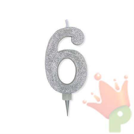 CANDELINA NUMERO 6 MAX DI CERA SWEETY ARGENTO GLITTER