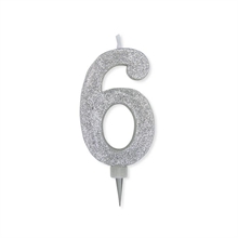 CANDELINA NUMERO 6 MAX DI CERA SWEETY ARGENTO GLITTER
