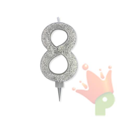 CANDELINA NUMERO 8 MAX DI CERA SWEETY ARGENTO GLITTER
