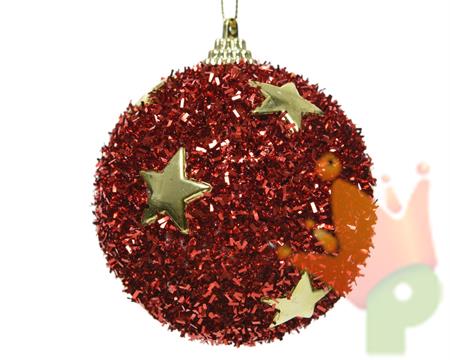 PALLINA ROSSA GLITTER CON STELLE ORO 8 CM