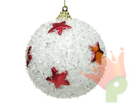 PALLINA BIANCA GLITTER CON STELLE ROSSE 8 CM