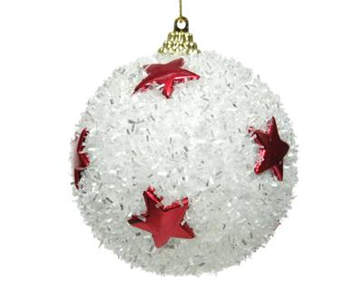 PALLINA BIANCA GLITTER CON STELLE ROSSE 8 CM