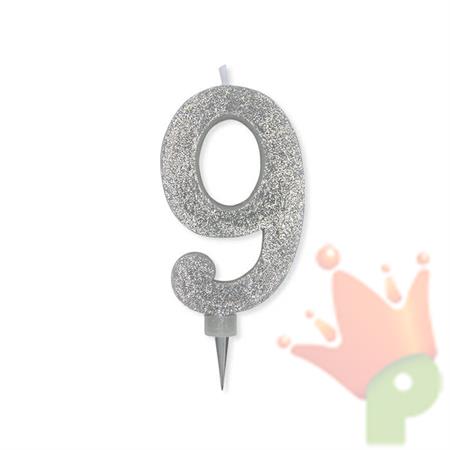 CANDELINA NUMERO 9 MAX DI CERA SWEETY ARGENTO GLITTER