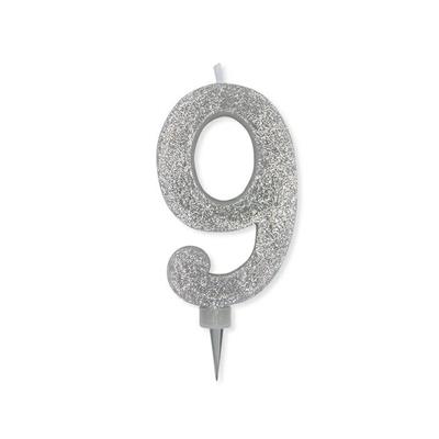 CANDELINA NUMERO 9 MAX DI CERA SWEETY ARGENTO GLITTER