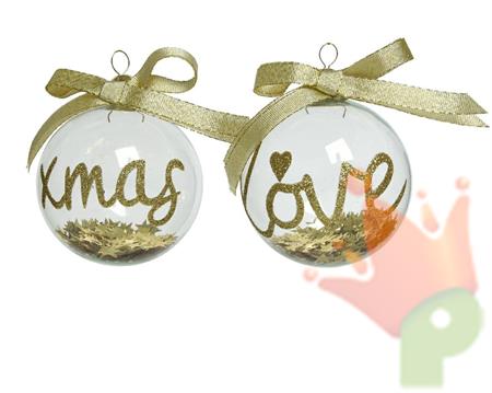 PALLINA PER ALBERO 8CM BIANCA CON SCRITTA E FIOCCO ORO