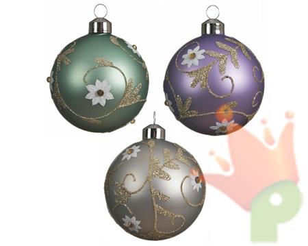 PALLINA DI NATALE 8CM VERDE/CHAMPAGNE/LILLA CON DECORO