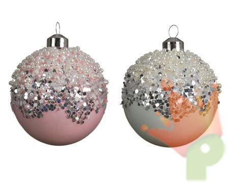 PALLINA PER ALBERO 8CM BIANCO/ROSA CON GLITTER ARGENTO