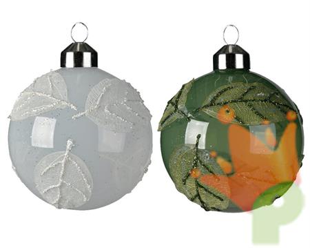 PALLINA PER ALBERO 8CM BIANCO/VERDE CON DECORO FOGLIA