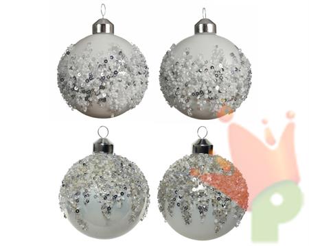 PALLINA PER ALBERO 8CM BIANCA CON GLITTER ARGENTO