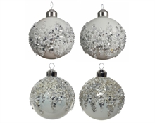 PALLINA PER ALBERO 8CM BIANCA CON GLITTER ARGENTO