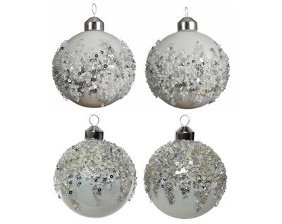 PALLINA PER ALBERO 8CM BIANCA CON GLITTER ARGENTO